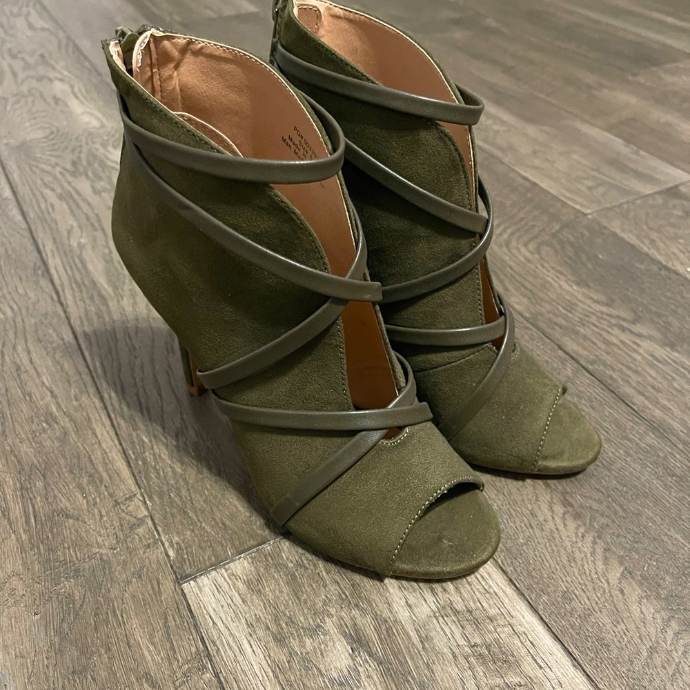 Olive Green Suede Lace-Up Heeled Booties | Open Toe Stiletto | Size 6 - Picture 5 of 10